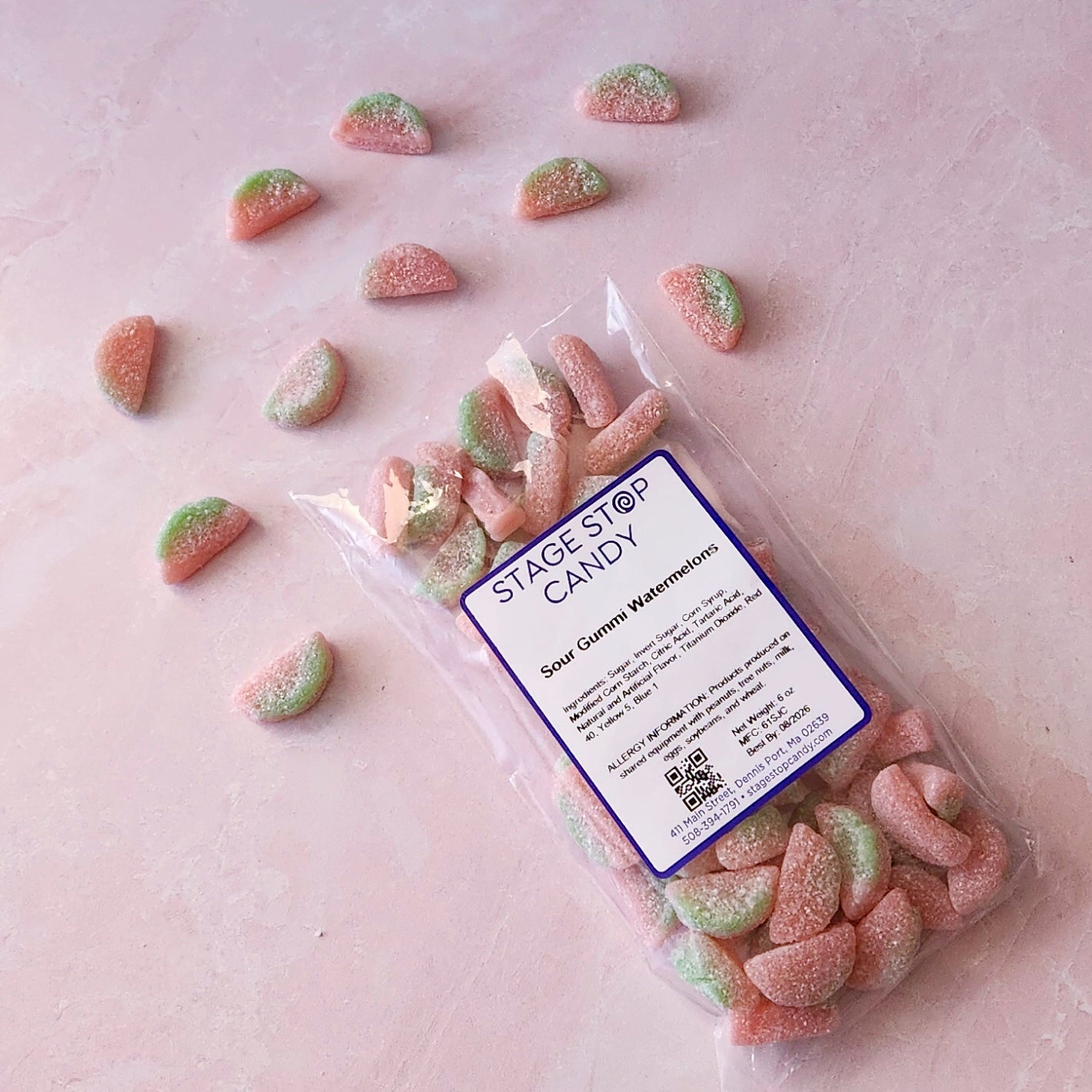 Our Sour Watermelons are packed fresh, the perfect combination of sour and sweet! This 6 ounce bag is sure to please.