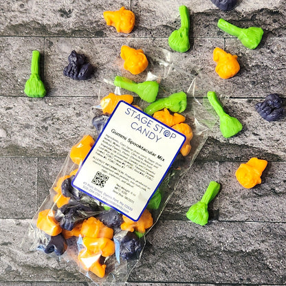 This Halloween Gummi Mix features Orange flavored jack-o'-lanterns, Grape flavored kittens, and Green Apple flavored witches' broomsticks.