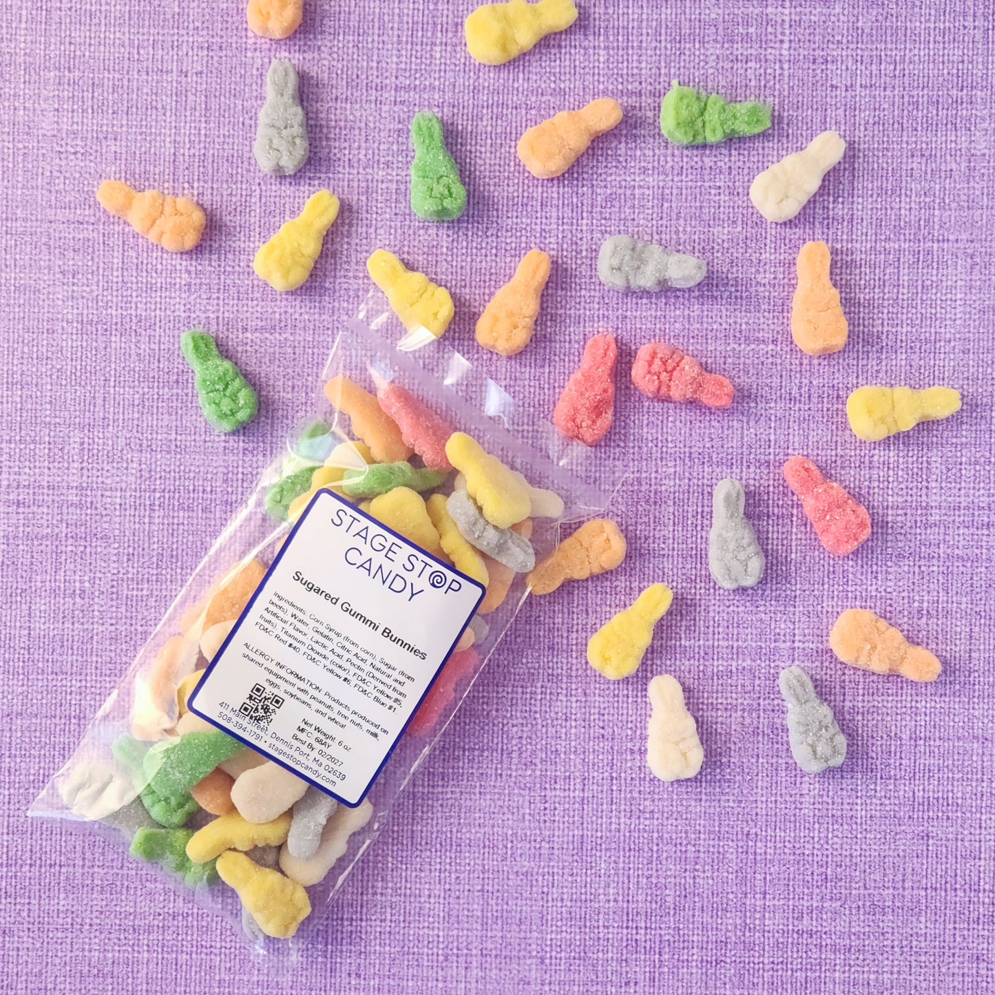 These Sugared Gummi Bunnies are a sweet and chewy treat coated in a light sugar sparkle! These adorable bunny-shaped gummies come in a delicious mix of flavors, including Orange, Lemon, Grape, Green Apple, Cherry, and Strawberry-Banana. 