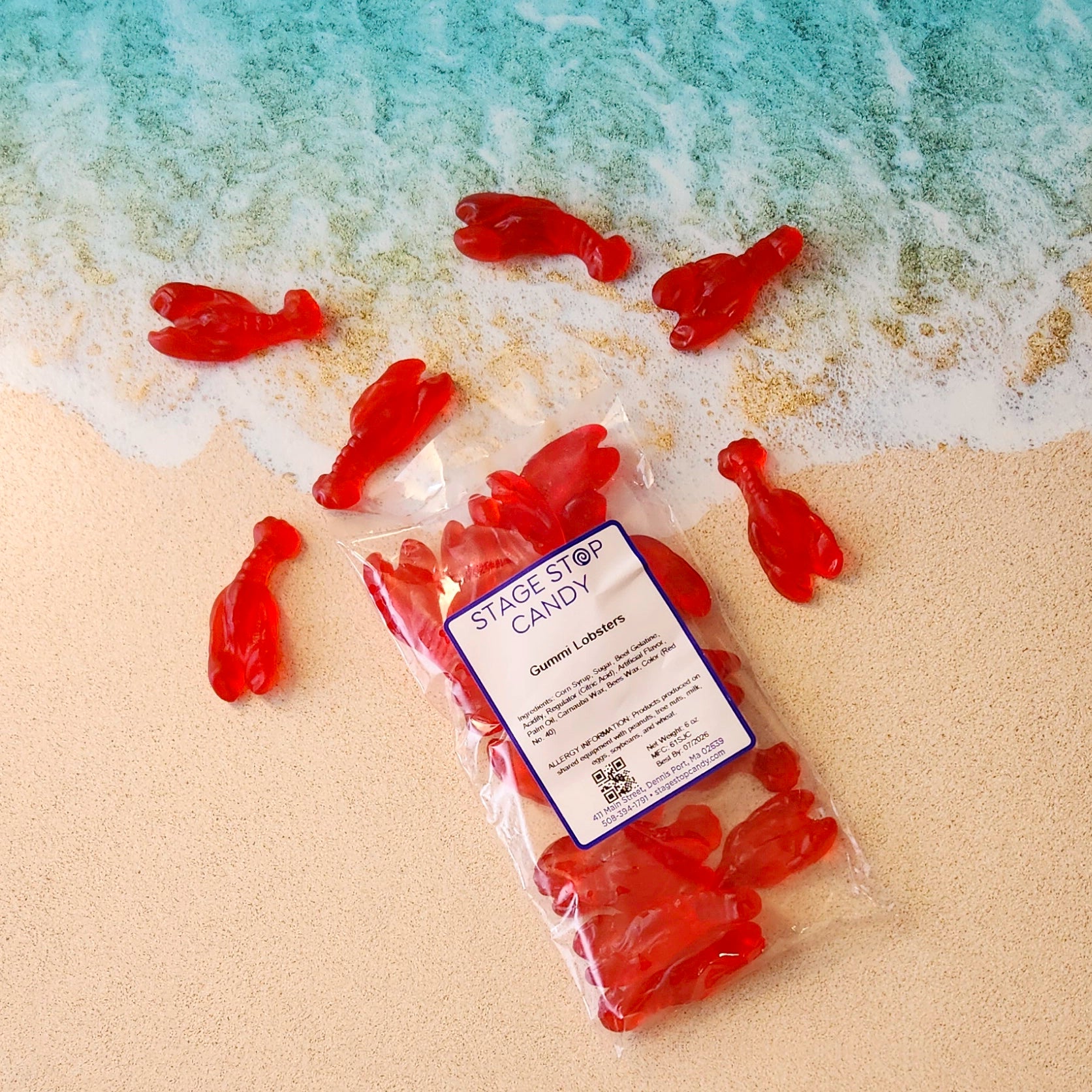 Cherry flavored gummi lobsters packed in a 6 ounce bag.