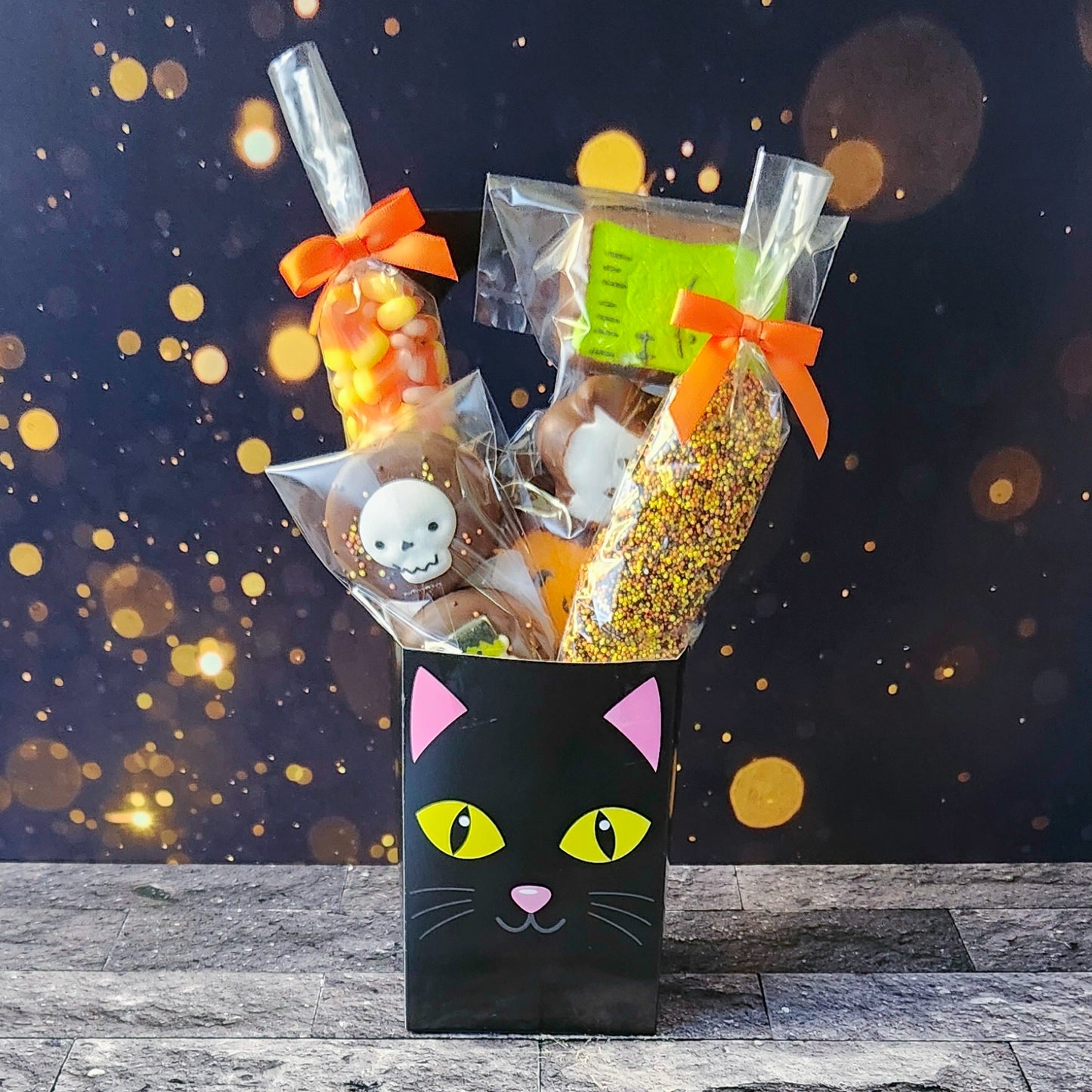 Black Cat Halloween Door Hanger.  Inside, you'll find chocolate-covered Oreos, classic candy corn, delicious milk chocolate nonpareils, and chocolate-dipped Halloween Peeps!