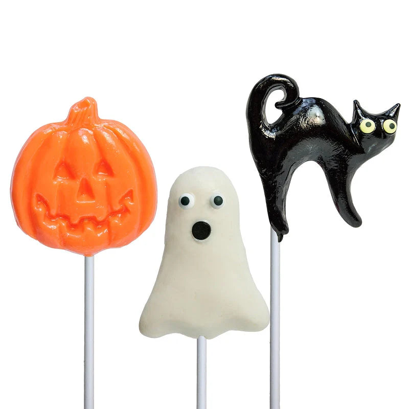 Get into the Halloween spirit with our Halloween Fun Hard Candy Pops! These lollipops come in your choice of spooky shapes and flavors, making them the perfect treat for any Halloween celebration. Choose from three fun shapes: Pumpkin (Orange Flavor), Cat (Black Cherry Flavor), or Ghost (Cotton Candy Flavor).