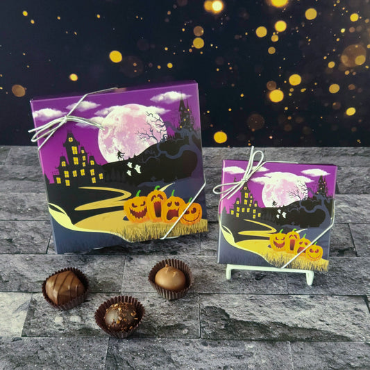 This Halloween Night Assortment is available in 9-piece or 16-piece boxes, featuring a mix of milk and dark chocolate truffles, creams, caramels, and meltaways.