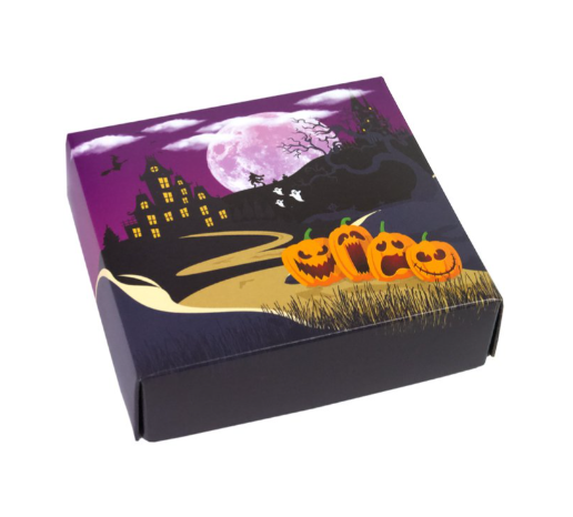 A haunted house sits high on a hill with spooky ghosts and jack-o-lanterns in this fun halloween themed candy box. Filled with Creams, Caramels, Truffles and Meltaways.