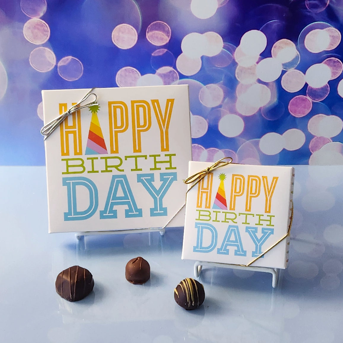 An assortment of our most popular milk and dark chocolate creams, caramels, melt-aways, and truffles all packed inside a festive box. The cover is printed with Happy Birthday and the A in Happy is shaped like a Party Hat.