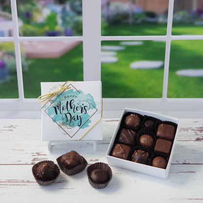Happy Mother's Day assortment of milk and dark chocolate creams, caramels, melt‑aways and truffles.
9 piece box