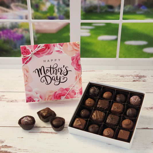 Celebrate Mom with this 16 piece assortment of milk and dark chocolate creams, caramels, melt‑aways and truffles inside a decorative Happy Mother's Day box perfect for gifting.