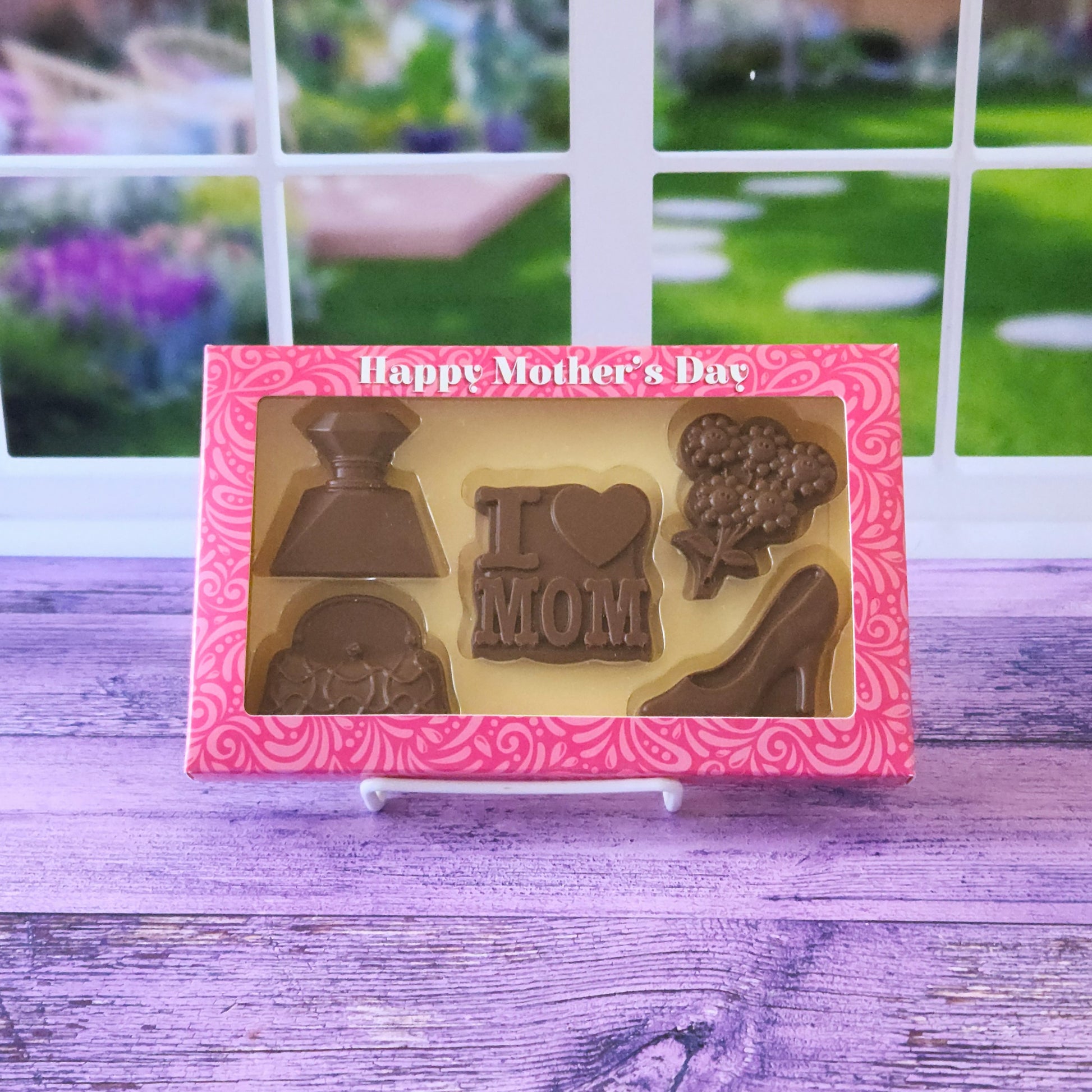 Mother's Day Chocolate Box Gift Set featuring chocolate diamond, handbag, flowers, high heel and 'I Love Mom' chocolates