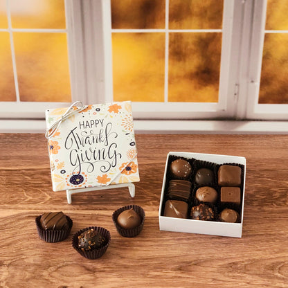This Happy Thanksgiving Assortment Box is a collection of our popular handmade chocolates. Available in 9-piece or 16-piece boxes, this assortment features a mix of milk and dark chocolate truffles, creams, caramels, and meltaways.