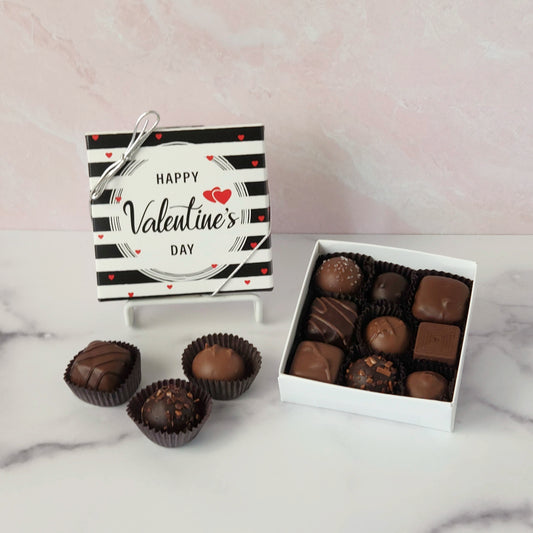 Celebrate love (or your love of chocolate!) with our dreamy Valentine’s Day Chocolate Assortment.  Whether you go for the 9-piece or 16-piece box, every bite offers a delightful surprise - from soft, melt-in-your-mouth creams to rich truffles, gooey caramels, and silky meltaways.
Comes in a festive Valentine’s Day box with hearts and bold lettering that says “I love you” -  perfect for gifting.