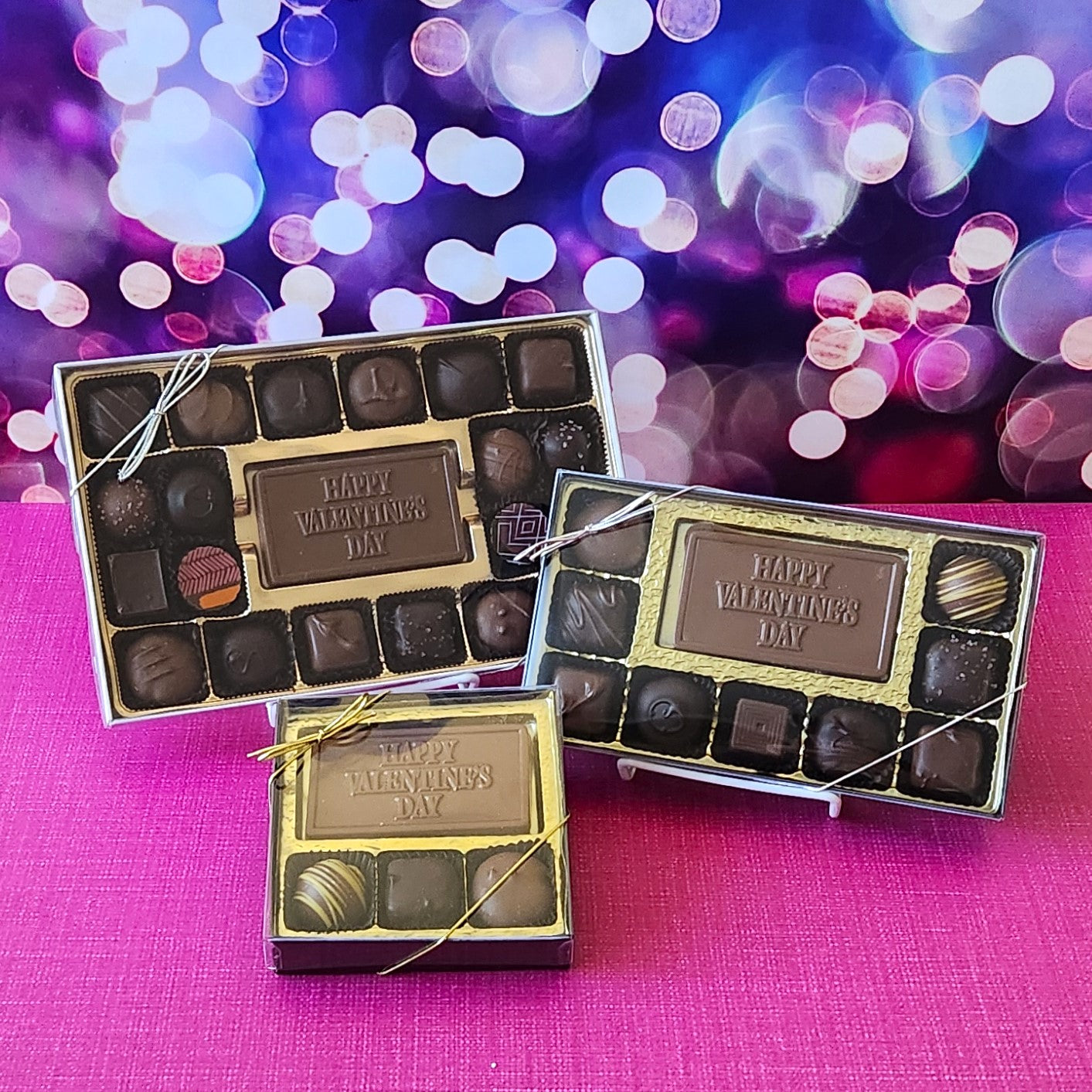 The perfect gift for Valentine's Day. Our box of milk and dark chocolate soft centers, truffles, and caramels are sure to please. Available in 3 different sizes.