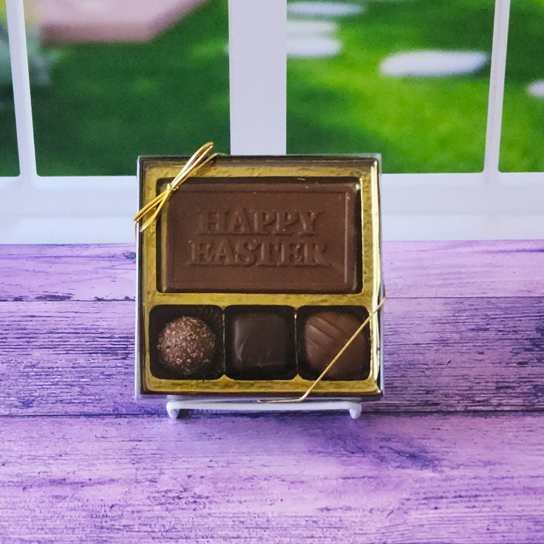 A small 3 piece sampler of our favorite chocolates with an edible Happy Easter card