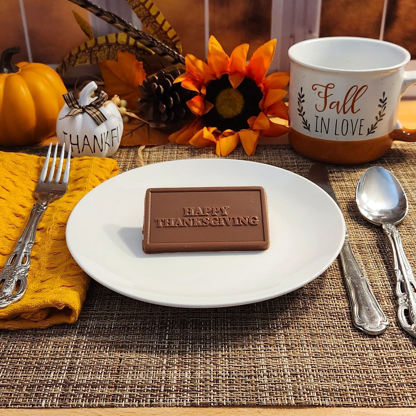 Stage Stop Candy's handmade milk chocolate card is the perfect way to say 'Happy Thanksgiving.’ This mouth-watering and business card-sized is a sweet gift to bring to the table