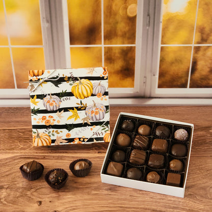 Celebrate the sweetness of the season with our Harvest Gathering Chocolate Assortment!  Available in a 9-piece or 16-piece box, this collection is filled with rich milk and dark chocolates, crafted in small batches right here in our candy kitchen.  Each bite is a surprise of flavor and texture, featuring silky creams, gooey caramels, melt-in-your-mouth meltaways, and decadent truffles that capture everything we love about fall.