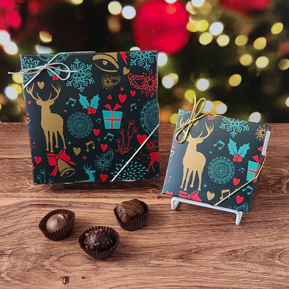 Chocolate assortment in cheerful holiday themed box.  Filled with a variety of creams, caramels, melt-aways and  truffles.
Available in 9 or 16 pieces