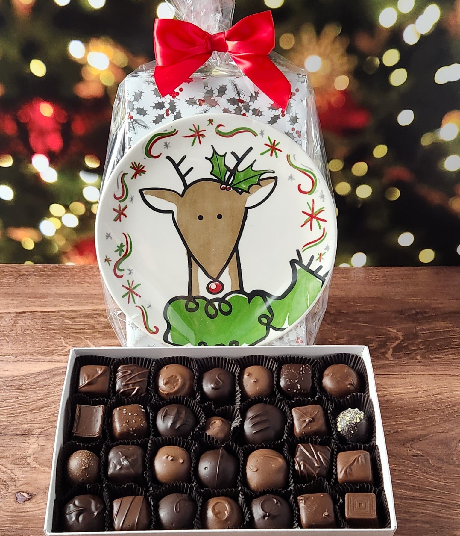 Festive Christmas Reindeer holiday plate with 28 piece milk and dark chocolate assortment from Stage Stop Candy in Dennisport, MA on Cape Cod. 