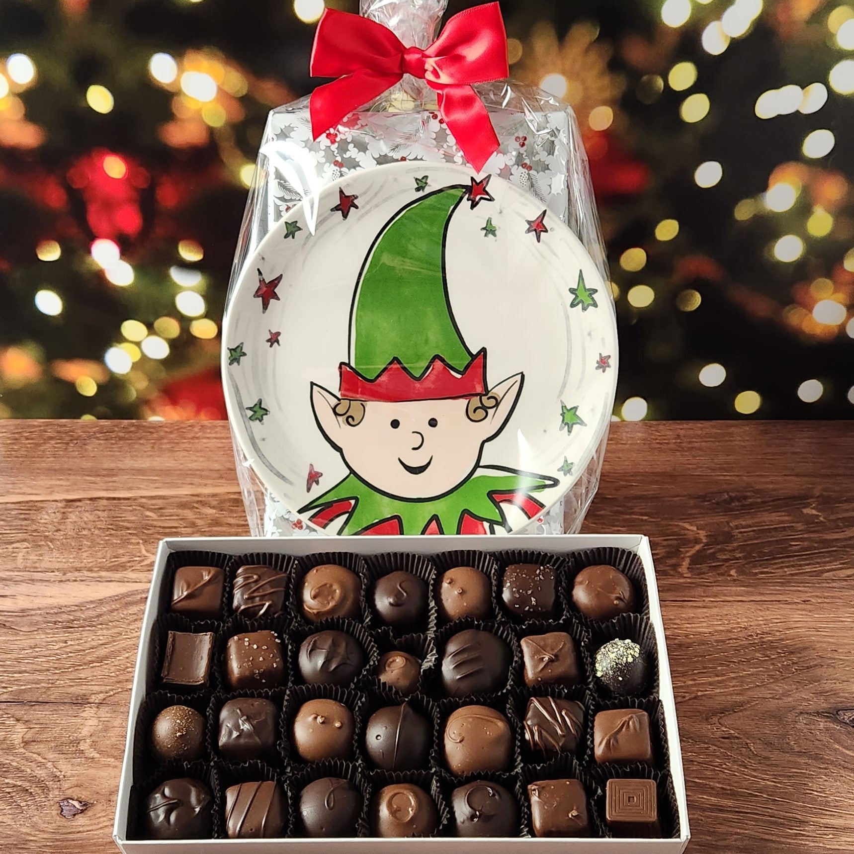 Festive Christmas Elf holiday plate with 28 piece milk and dark chocolate assortment from Stage Stop Candy