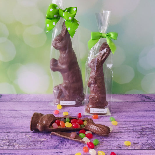 This 3D hollow chocolate bunny is filled from the top of their ears to the bottom of their feet with fruit-flavored jelly beans. When you break them open out spill the jelly beans! 
***Due to its fragile nature this item is only available for in-store pick-up. It can not be shipped*** 