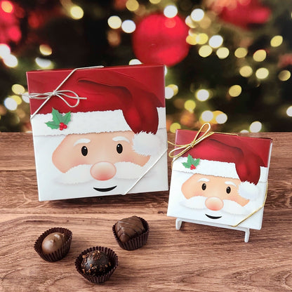 Chocolate assortment in decorative Santa Clause box.  Filled with a variety of creams, caramels, melt-aways and  truffles.
Available in 9 or 16 pieces