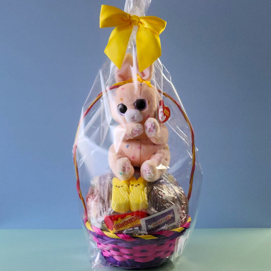 Each basket contains marshmallow peeps, gummy eggs and bunnies, a chocolate covered Easter Oreo, Easter Egg malt balls, jelly beans, a milk chocolate bunnies, lots of yummy kids candy and is topped off with a TY Stuffed Animal Easter Bunny. We finish the basket with overwrap and a bow so that it is ready to gift!

*** Due to the limited quantity of baskets we cannot guarantee specific colors. Photos are for example only and basket color may differ from the ones shown.