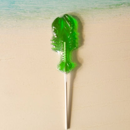 Tangy Green Apple flavored hard candy lollipop in the shape of a lobster.