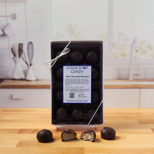 Dark chocolate marzipan.  12 piece box