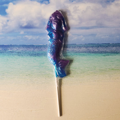 Blue Raspberry and Grape Flavored hard candy lollipop in the shape of a mermaid.