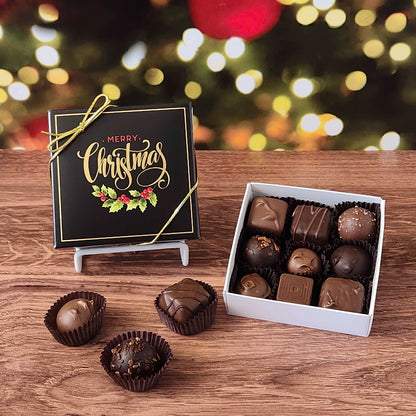 9 Piece chocolate assortment in Merry Christmas decorative box.  filled with a variety of creams, caramels, melt-aways and  truffles.