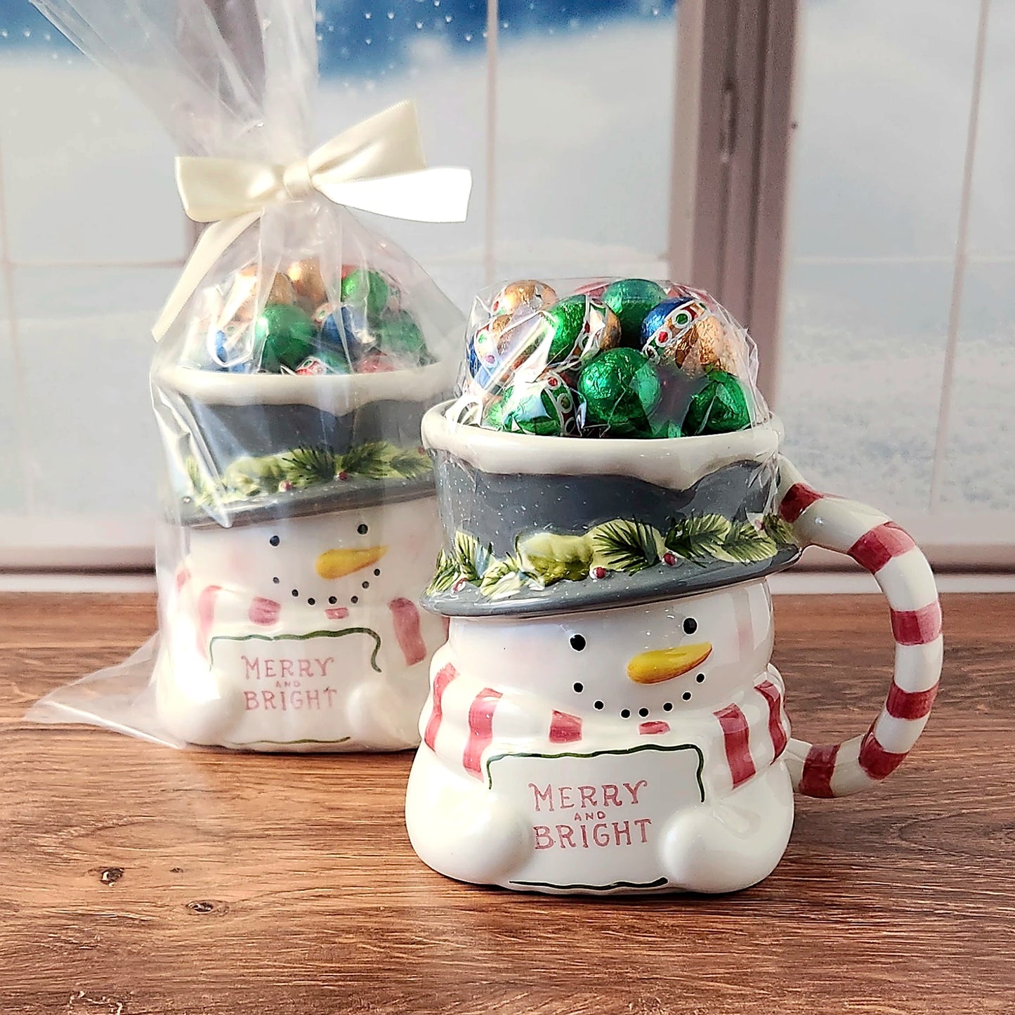 Merry and Bright Snowman Mug with Chocolate