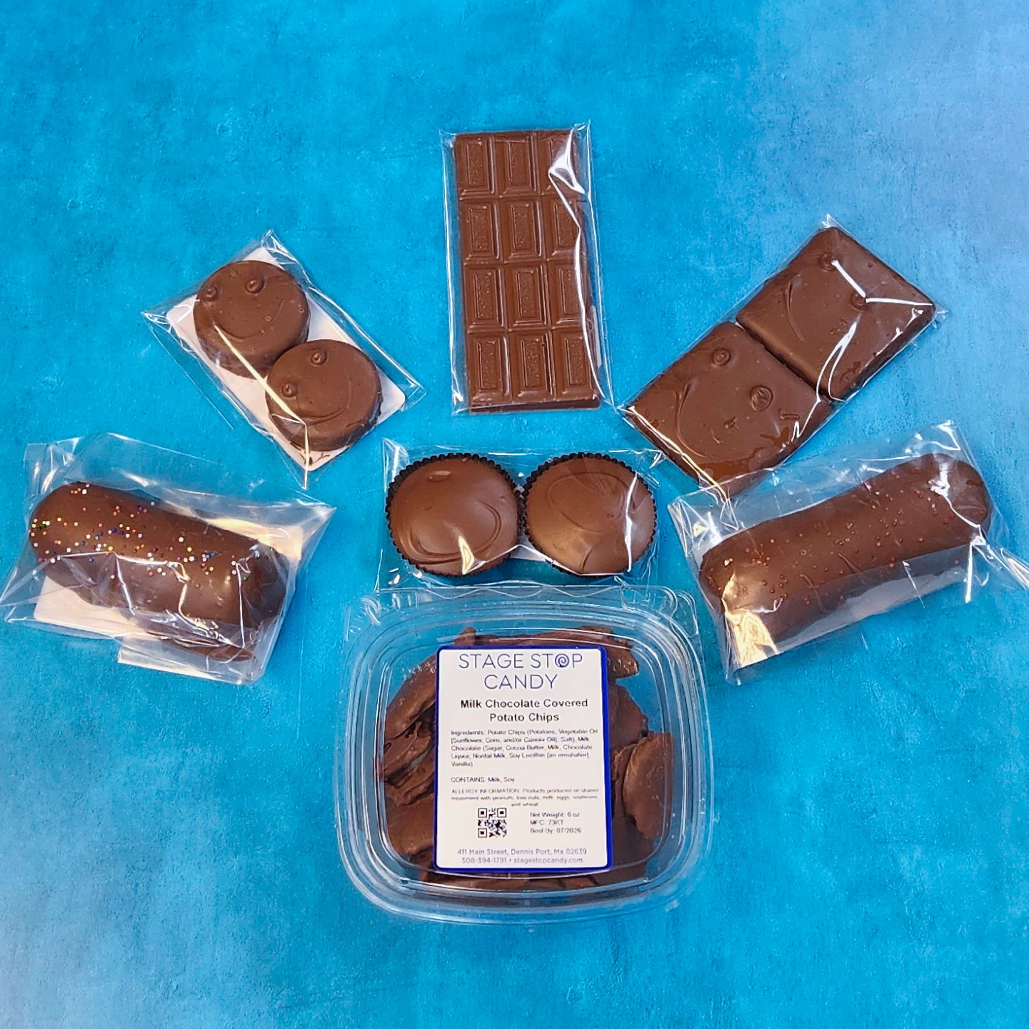 Milk Chocolate Snack Lovers Care Package.  
Inside you will find Chocolate Covered Potato Chips, handmade Milk Chocolate Peanut Butter Cups, Chocolate Covered Oreo Cookies, a Milk Chocolate Bar, a Chocolate Dipped Twinkie, a Chocolate Dipped Devil Dog, and crisp Chocolate Covered Graham Crackers.