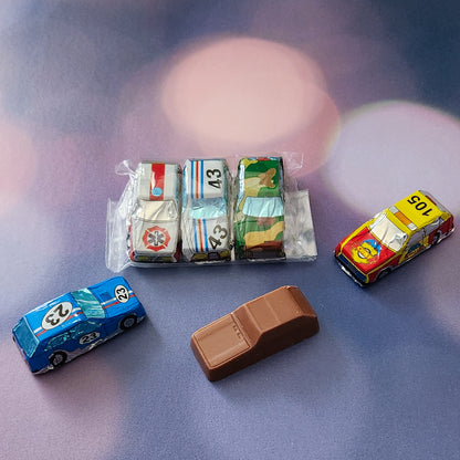 three milk chocolate foiled cars race into your candy dish. 
