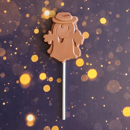 Milk Chocolate Ghost with hat Lollipop.  Measuring approximately 2.75 inches wide by 3.25 inches tall (excluding the pop stick)