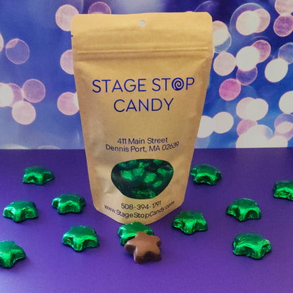 Bright green foil wrapped around our milk chocolate stars.