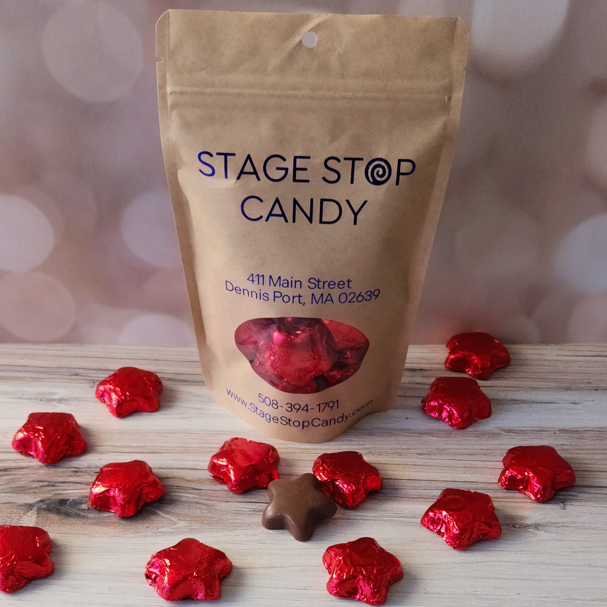 Shiny Red Foil covers our creamy milk chocolate stars.
