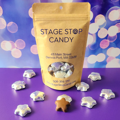 Creamy Milk Chocolate in the shape of a star covered with Silver Foil.