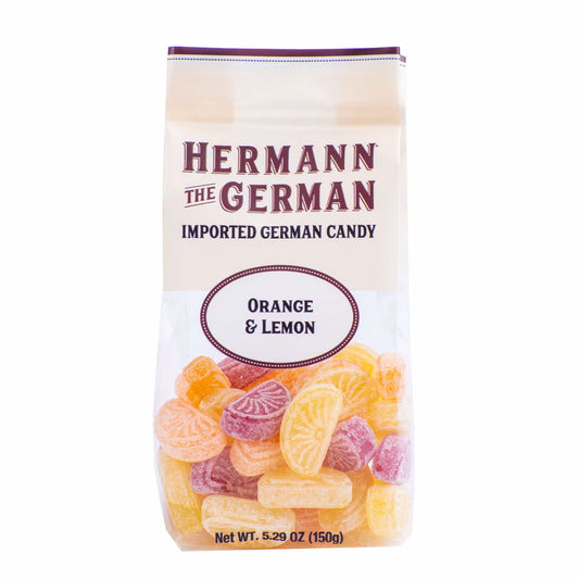 Herman the German orange and lemon hard candy.  Crafted in Germany using traditional candy-making techniques, this delightful mix delivers the sweet, juicy flavor of oranges paired with the zesty, tangy taste of lemons. Each smooth, slow-melting piece is packed with bold citrus goodness, striking the perfect balance between sweet and tart.