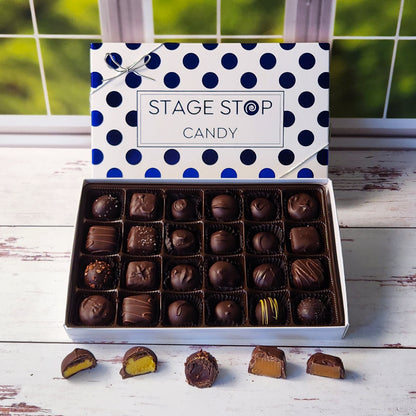 24 pieces of our most popular chocolate candies. This medium size box is perfect for sharing. Each cream, caramel, and truffle is dipped in Dark Chocolate. 