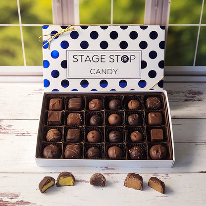 24 pieces of our most popular chocolate candies. This medium size box is perfect for sharing. Each Cream, Caramel, Truffle or meltaway is dipped in either Milk Chocolate or Dark Chocolate.