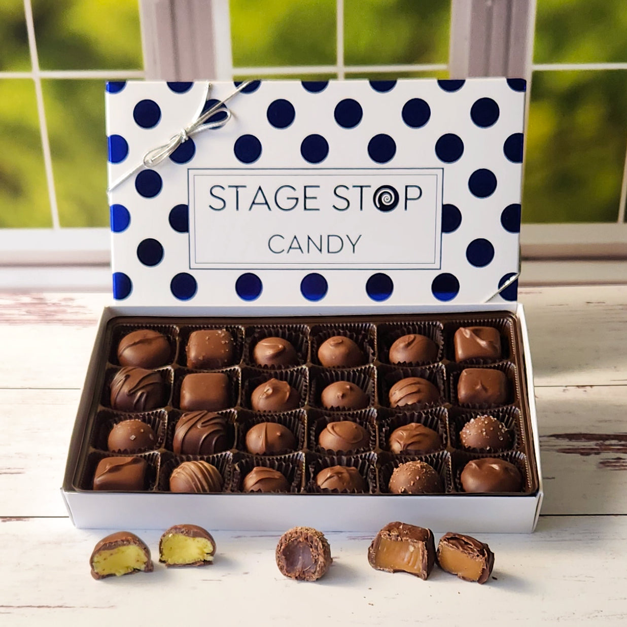 24 mouthwatering pieces of Milk Chocolate creams, caramels, truffles and meltaways fill this box. Our popular assortment makes a great gift for any chocolate lover.