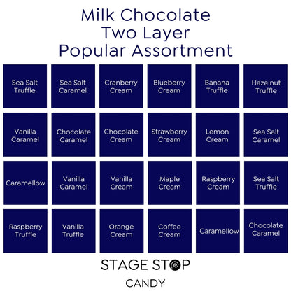 Assortment chart of milk chocolate two-layer candy flavors with Stage Stop Candy branding.