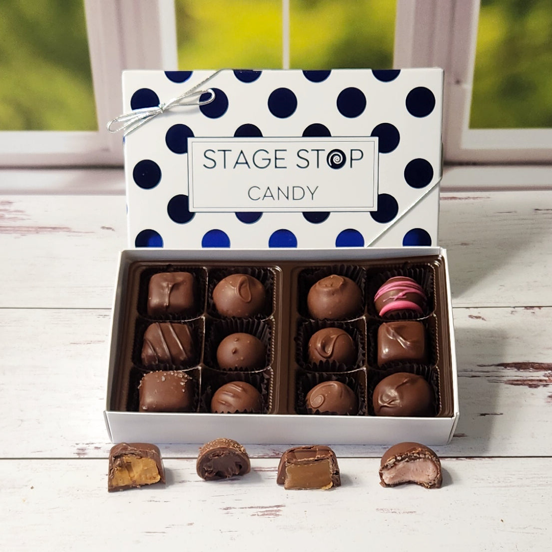12 of our most popular candy pieces. In this all milk chocolate assortment you will find soft center creams, chewy caramels, truffles and meltaways!