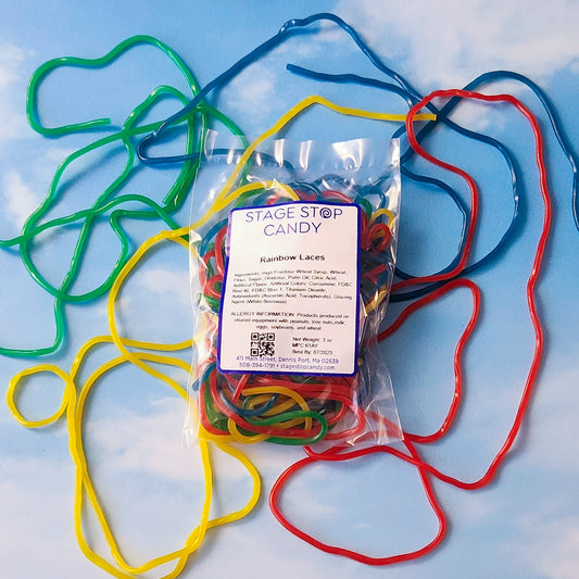 Rainbow Licorice laces packed fresh in a 3 ounce bag.