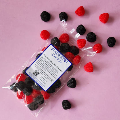 Raspberries and Blackberries gummi candy packed in a 5 ounce bag.