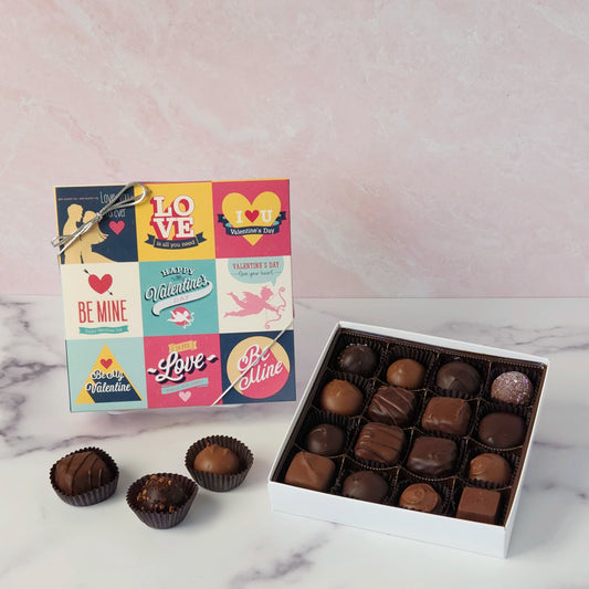 Our Valentine’s Day Square Assortment Box is a heartwarming collection of handmade chocolates that brings back the sweet charm of vintage romance. Available in 9-piece or 16-piece boxes, this assortment features a mix of milk and dark chocolate truffles, creams, caramels, and meltaways.