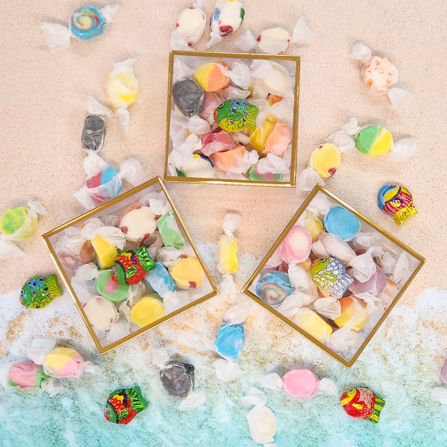 Inside this cheerful gift box, you’ll find 6 ounces of our signature salt water taffy, bursting with nostalgic flavors like strawberry, lemon, orange, and more.  Tucked beside the taffy is a whimsical bite-sized milk chocolate fish, wrapped in bright foil and ready to make waves. 