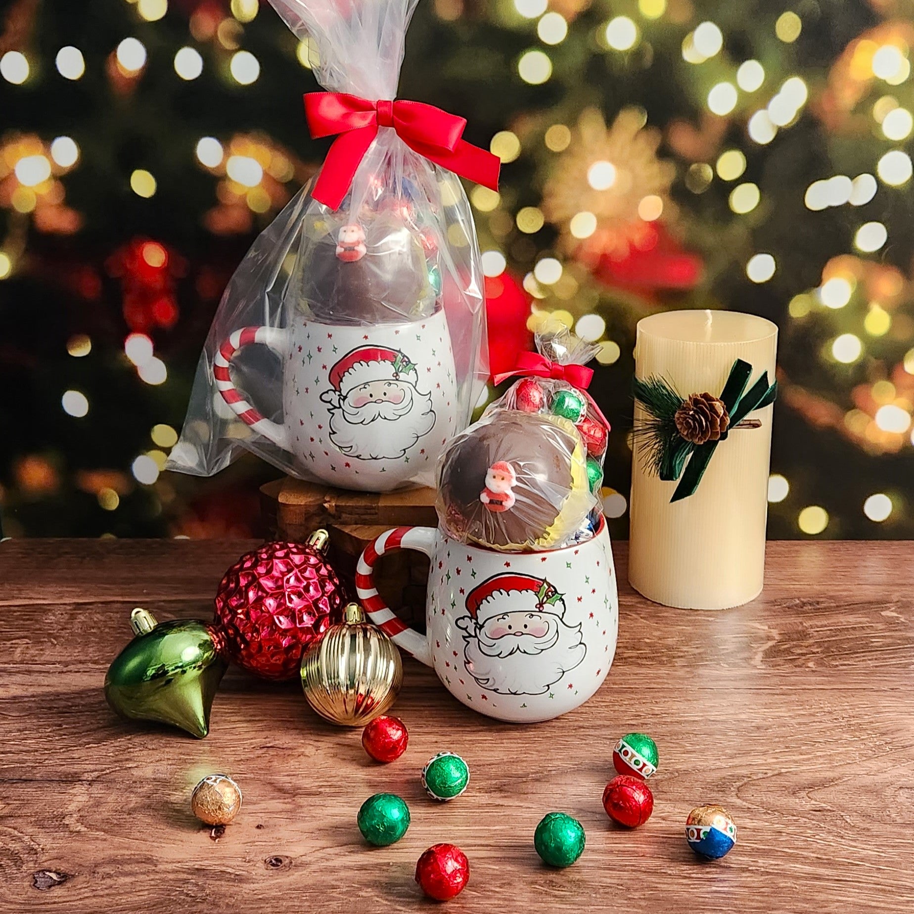 Start your day with a smile! This ceramic Santa mug says 'He knows when you're awake' and comes with a Milk Chocolate Hot Cocoa Bomb and 4 oz. of Milk Chocolate Foiled Ornaments from Stage Stop Candy on Cape Cod. 
