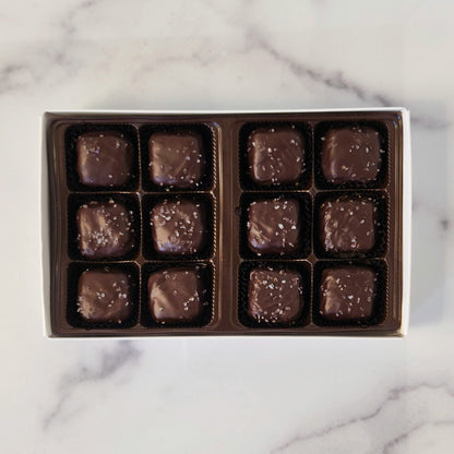 12  Piece box of Dark Chocolate Sea Salt Caramels