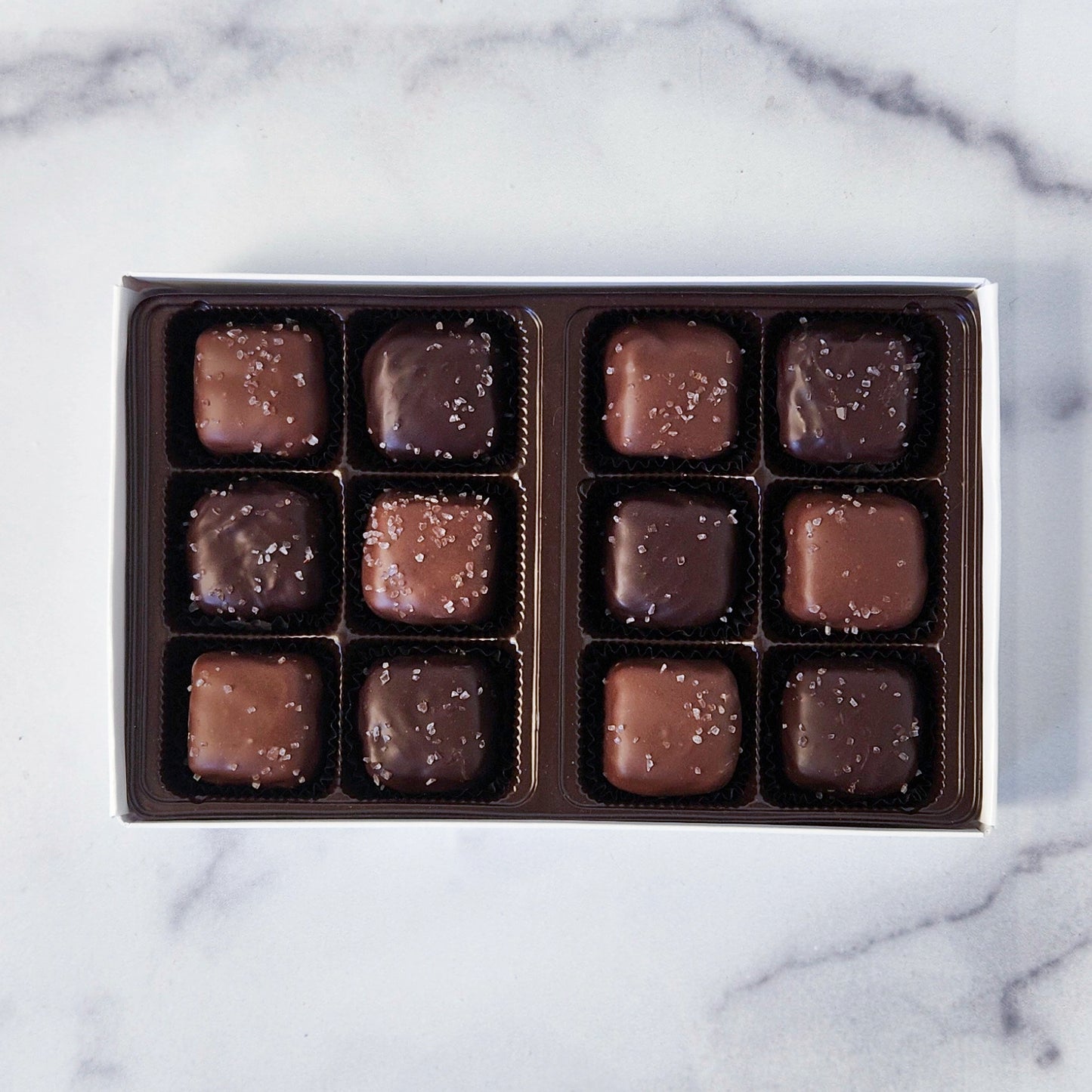 12  Piece box Milk and Dark Chocolate Sea Salt Caramel Assortment.