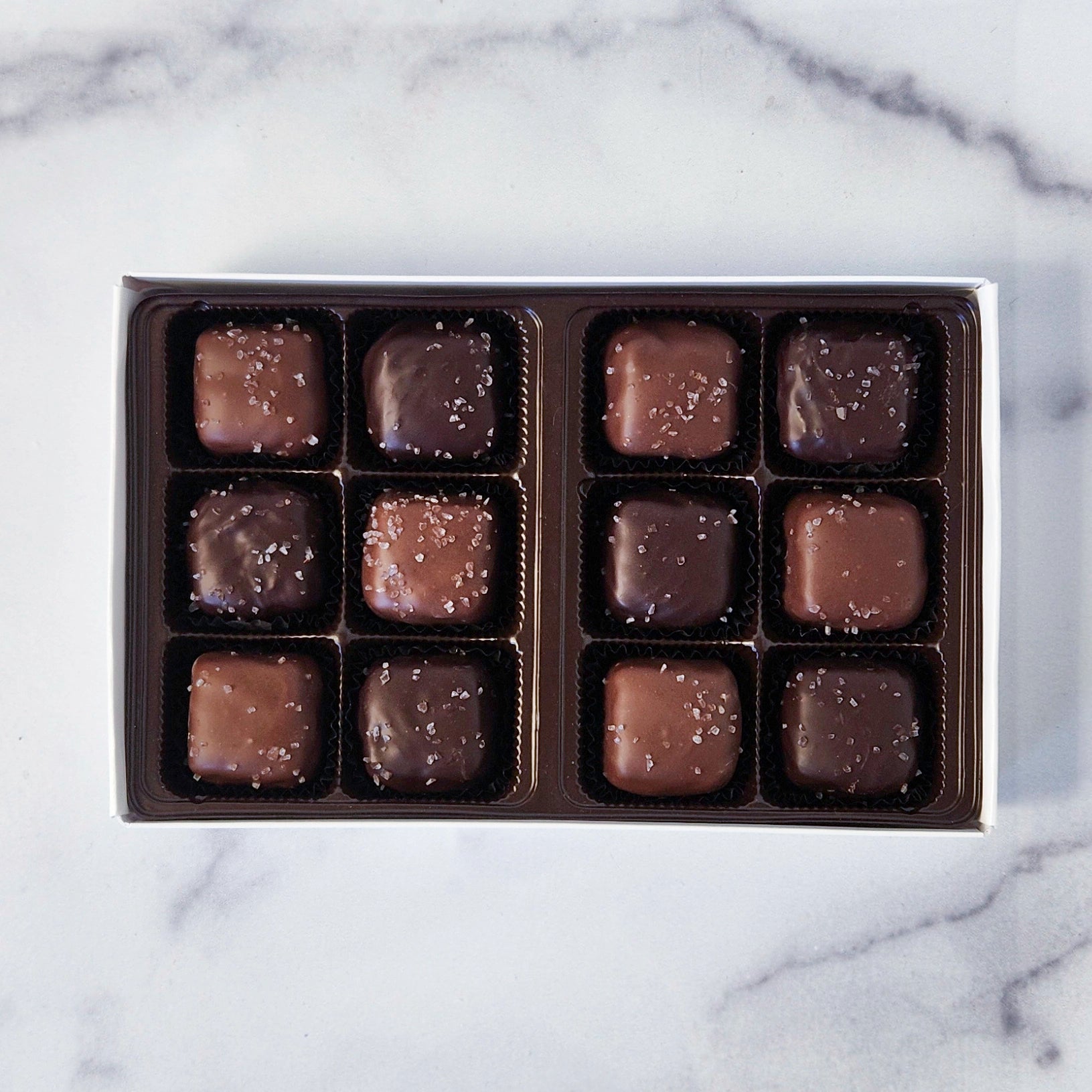 12  Piece box Milk and Dark Chocolate Sea Salt Caramel Assortment.