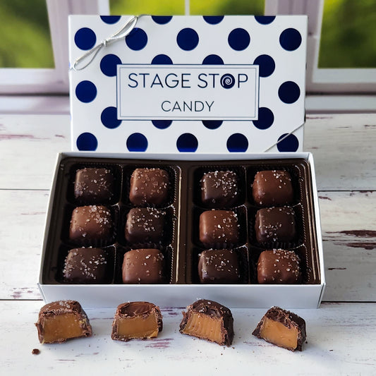 A box of 12 handcrafted caramels dipped in either Milk or Dark Chocolate, sprinkled with sea salt. These luxurious treats are the perfect blend of sweet and salty.